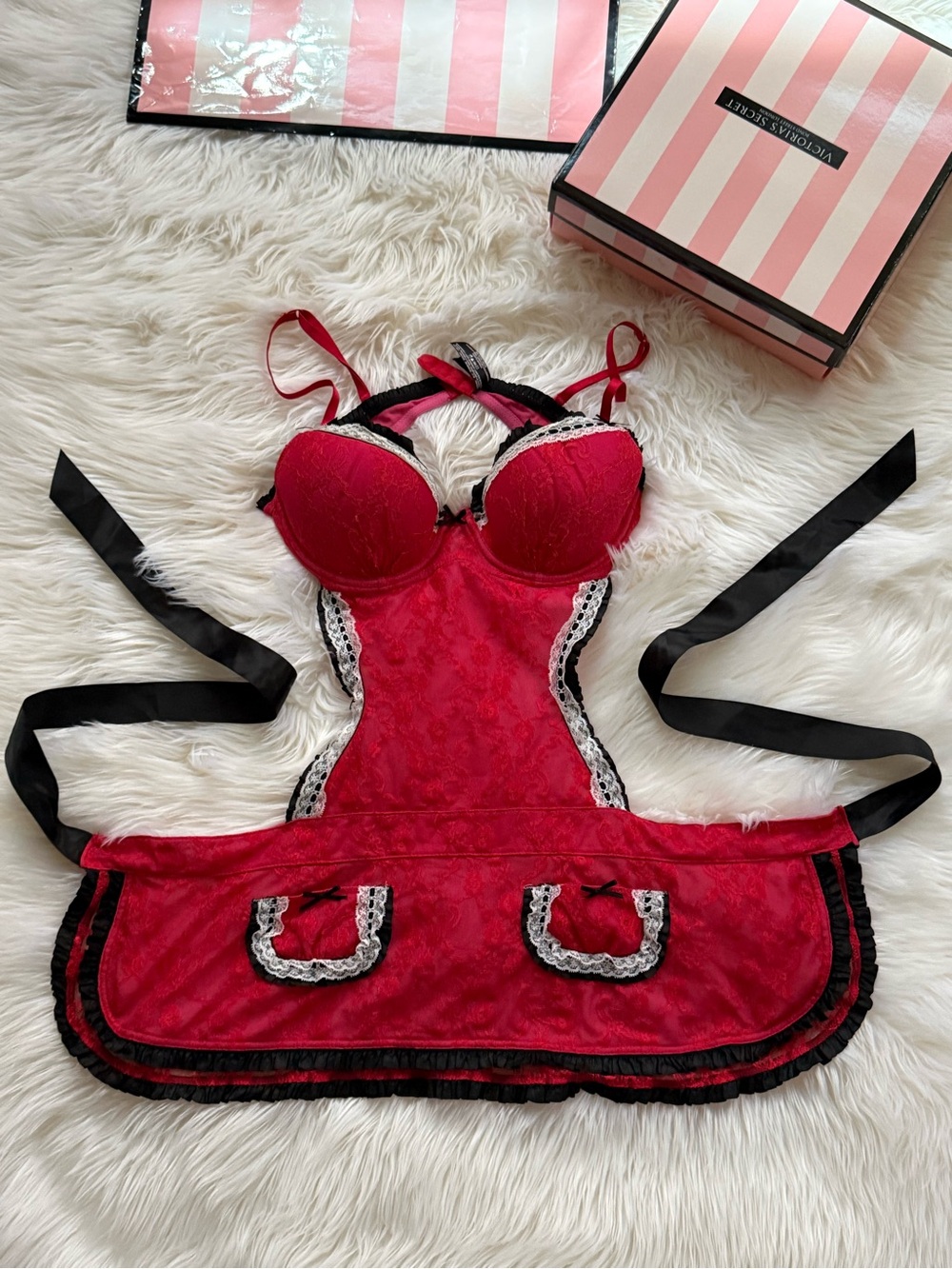 Victoria's Secret vintage red pink lace apron French Maid babydoll